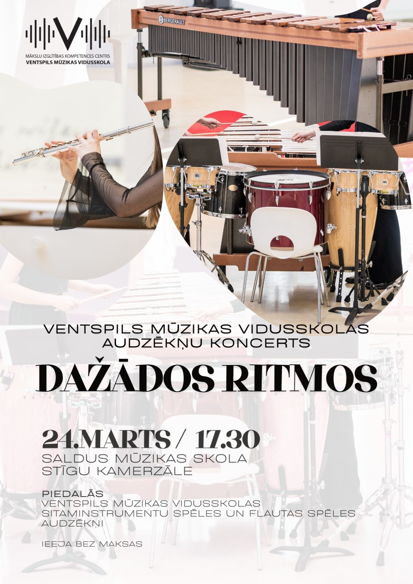 koncerta afiša. augšpusē mūzikas vidusskolas logo un dažādi mūzikas instrumenti, vidusdaļā teksts ar koncerta nosaukumu, norises vietu un laiku.